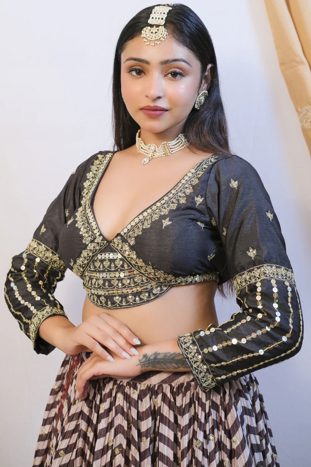 Emerald green  & off white crushed & silk kasab work lehenga set