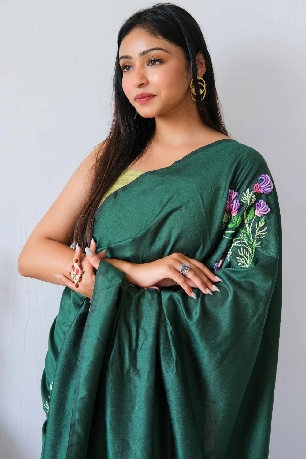Bottle green cotton silk thread work saree
