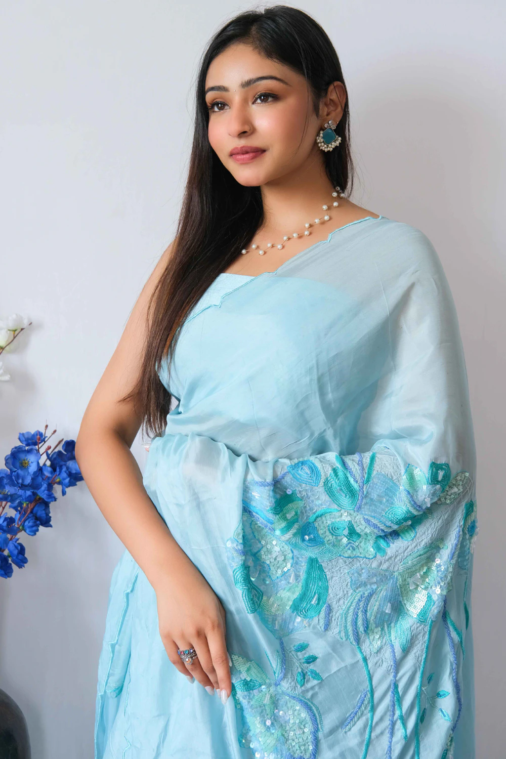 Ice blue abu dai mixed handwork saree