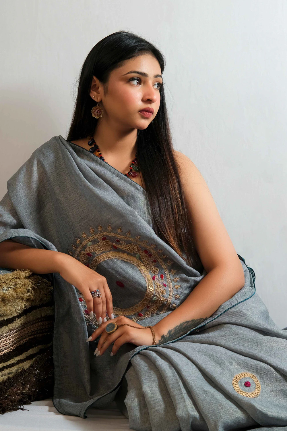 Turquoise jute shimmer marodi work saree