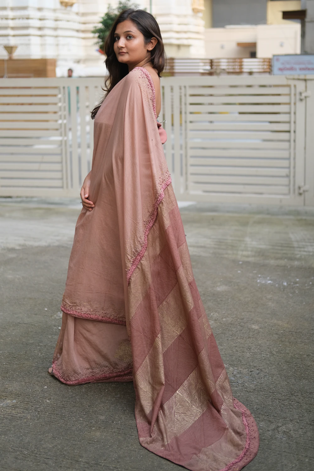 Chiku ombre dyed chanderi silk handprint & handwork saree